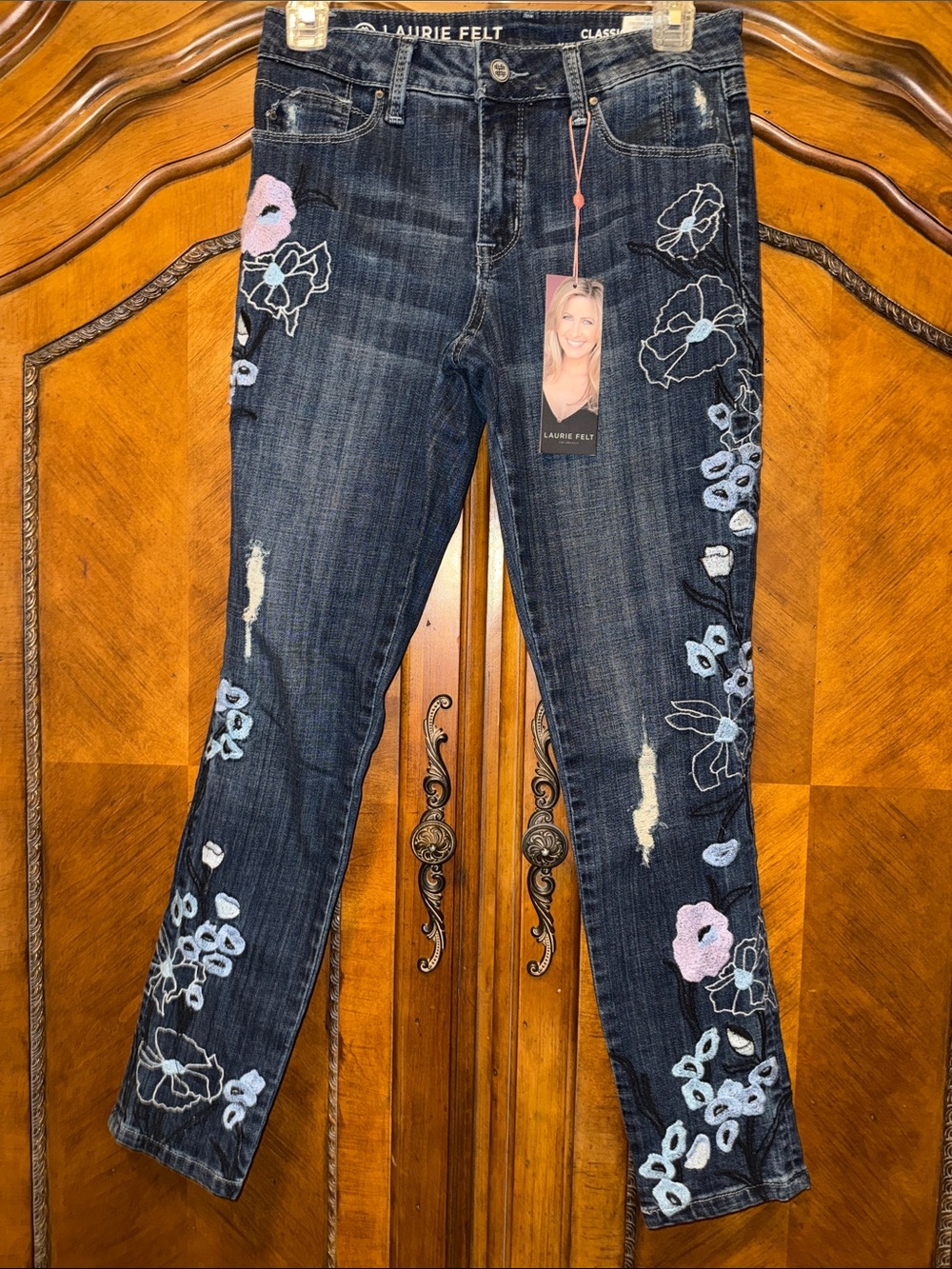 Laurie Felt Dark Blue Skinny Jeans with Pink & Light Blue Floral Embroidery